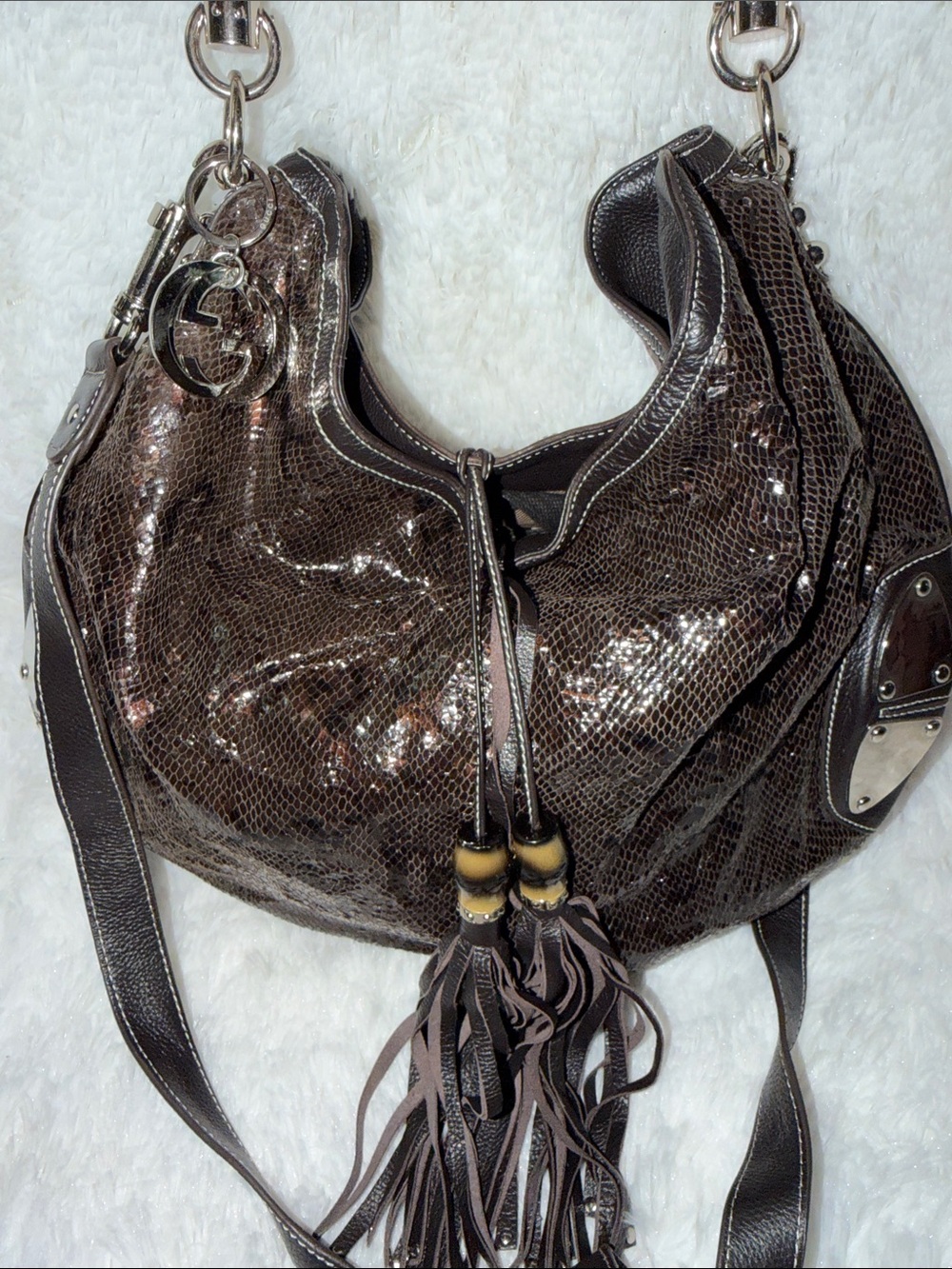 Tassel-Accent Dark Brown Snake-Print Shoulder Bag